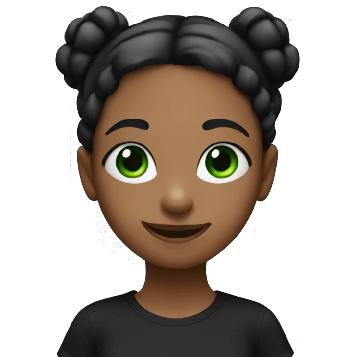 A girl with two black pigtails, in a black T-shirt, with green eyes and a cute smile emoji