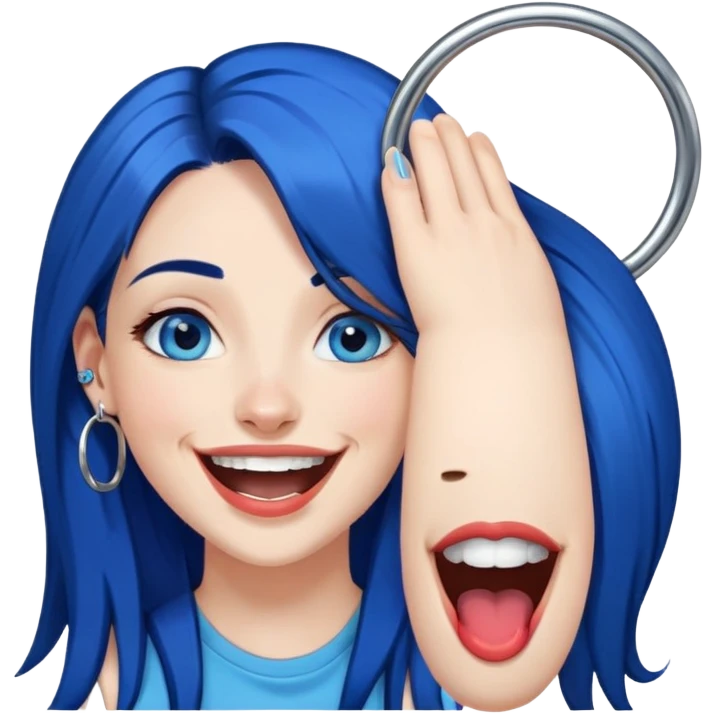 Dark Blue haired blue eyes female long straight hair past shoulders laughing, pierced lip, pierced nose, hoop earrings emoji