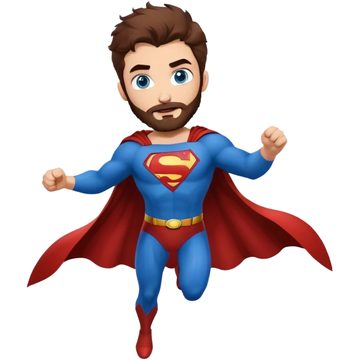 flying superman，full body, blue eyes, redish dark messy hair, trimmed facial hair emoji