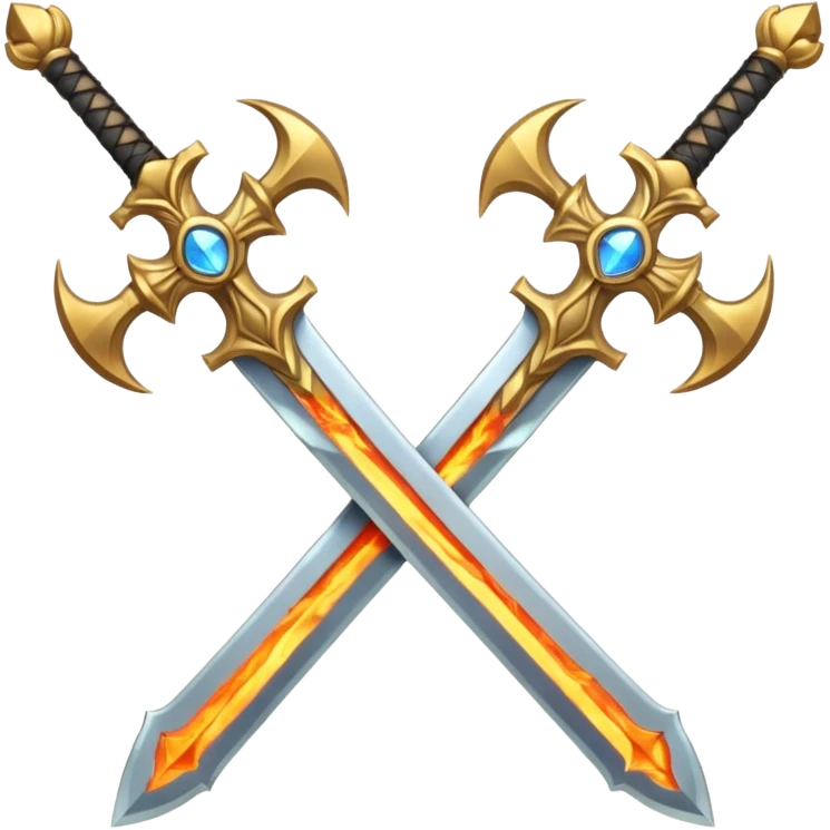 Royal looking two swords in a cross that have a slightly fiery look to them emoji