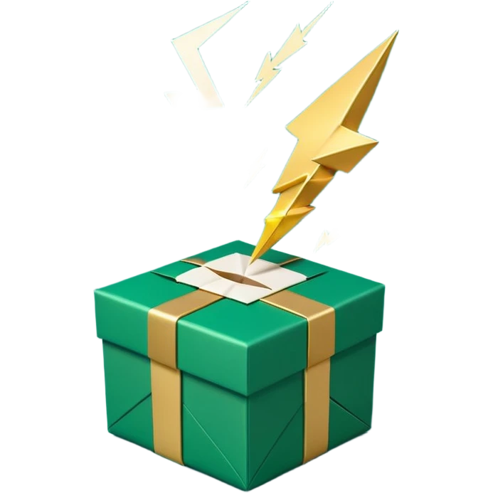 3D minimal open gift box with small floating icons coming out (envelope, lightning bolt, sparkle), matte finish, deep green (#0B3D2C) box, gold (#C9B037) icons, Apple style, ultra minimal, soft shadow, transparent background emoji