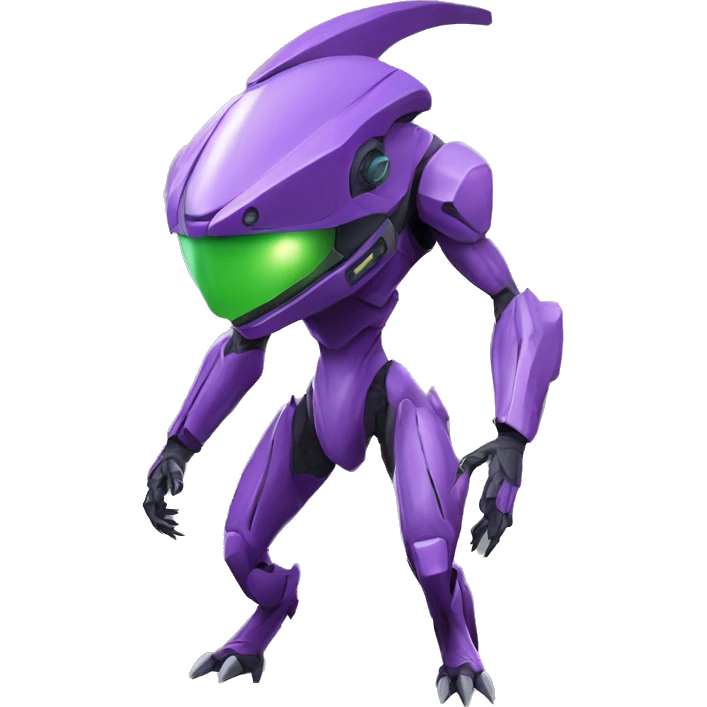 a purple-green Genesect-Raptor-Fakémon—hybrid with a futuristic visor-helmet full body emoji