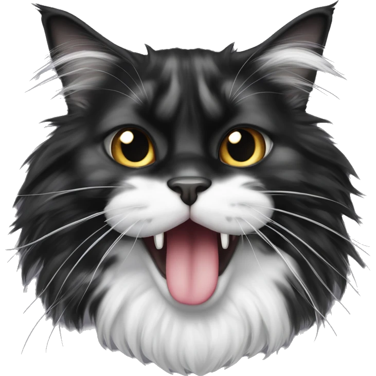 black and white maine coon cat with tongue hanging out and bulging eyes emoji