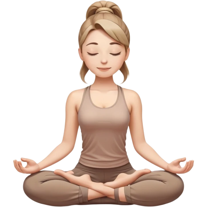 white woman with ponytail hairstyle in lotus position meditation yoga pose, closed eyes with a gentle smile, wearing light brown yoga outfit emoji