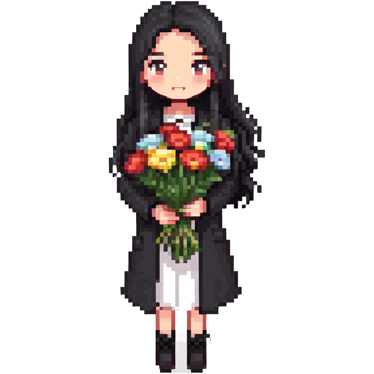 beautiful girl with long black hair wearing a black coat holding a bouquet of flowers emoji