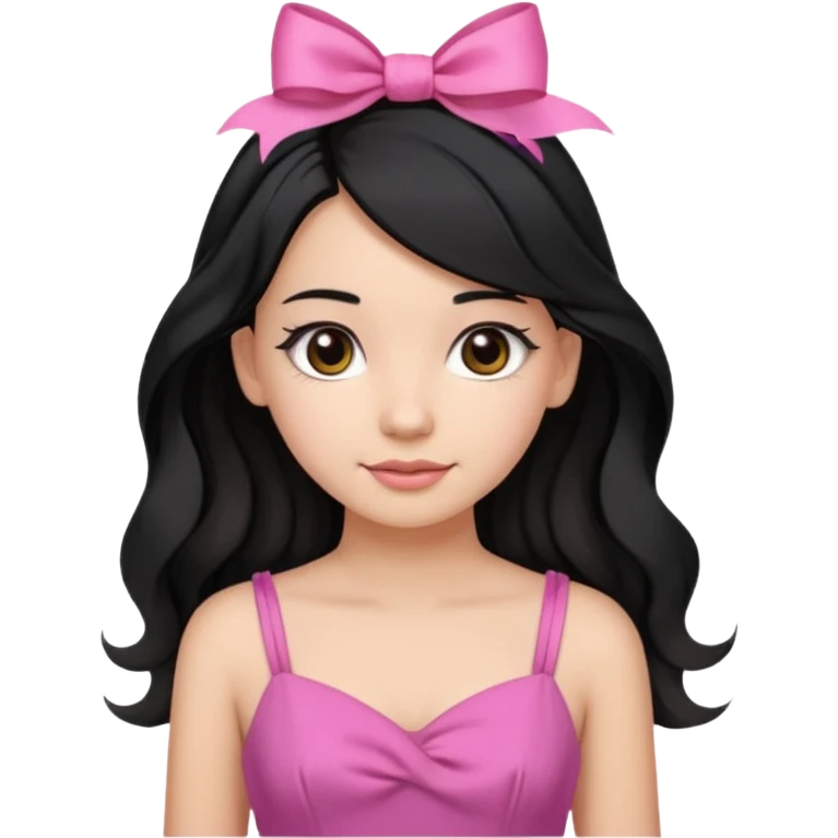 Beautiful girl with black hair in a half-up half-down hairstyle with pink ribbon tying the top half, waves at the ends, brown eyes, light skin, slight smile, and pink dress emoji