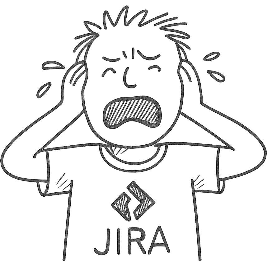 screaming IT guy wearing an Atlassian Jira t-shirt, hand drawn outlined icon emoji