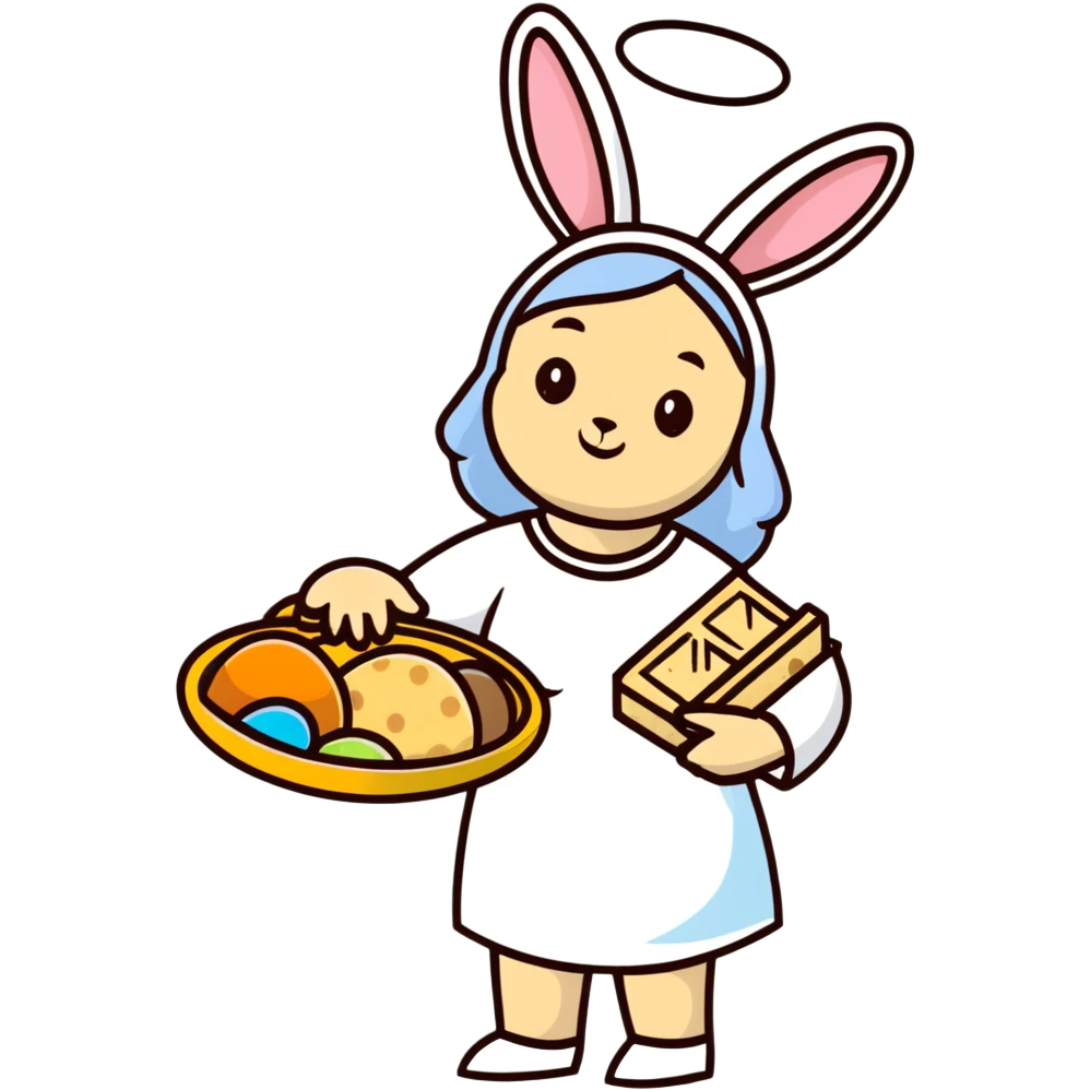 Feminine spring goddess Eostre with halo, Easter bunny, and Passover matzo symbols combined in one harmonious design emoji