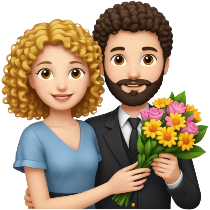 curly haired girl with yellow eyes and hair parted from the right side, smiling beside a handsome bearded man holding a bouquet, friendly emoji