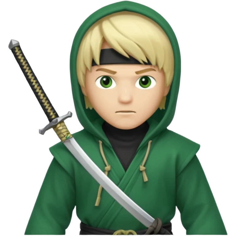 Green ninja Lloyd garmadon blonde hair, kaptur hoody on his head but blonde grzywka visible; the bottom left one is best (the one without miecze + black band + no mask of face) but add miecz; I want no band on head  emoji