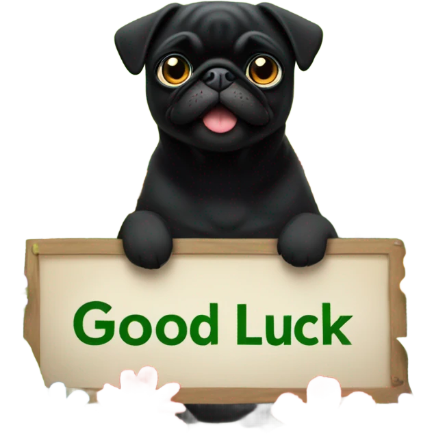 Black pug , surrounded by flowers, holding a green sign that says “good luck”  emoji