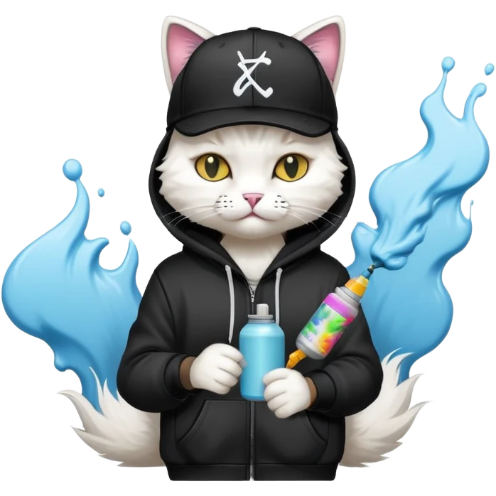 cat wearing a black snapback cap and black hoodie doing graffiti art with spray paint, street art style emoji