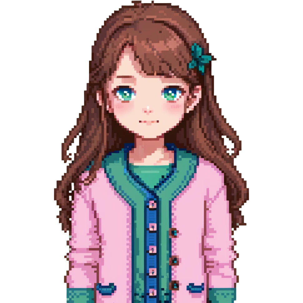 cute girl with long brown hair and blue eyes, wearing a pink cardigan with buttons emoji