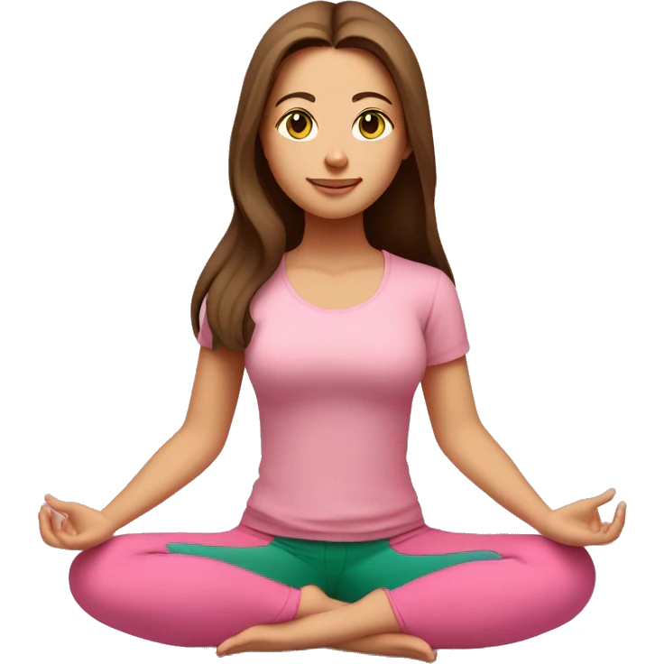 A girl with brown long hair, fair skin and green eyes is meditating in a relaxed lotus position in a comfortable pink top and pink leggings emoji