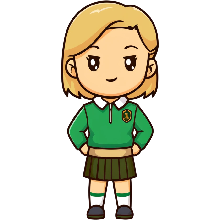 girl in a school uniform wearing a green polo, beige skirt, grey zipper jacket emoji