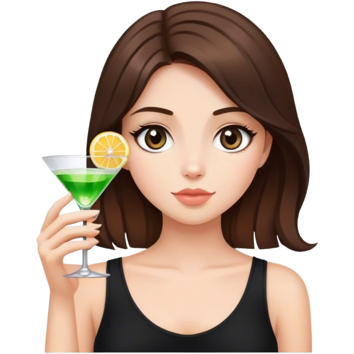 brunette hair down girl black top holding one cosmo emoji