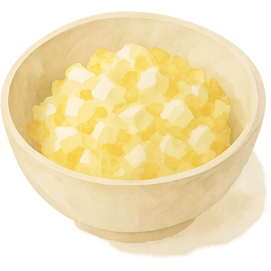 egg salad served in a bowl, yellow and white colors, clean presentation, watercolor style emoji