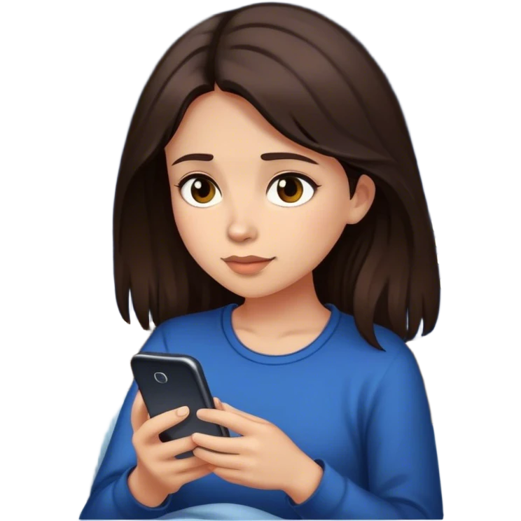 Una chica de cabello café oscuro viendo su teléfono en la noche emoji