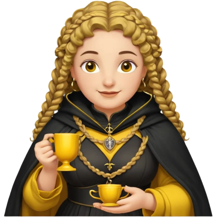 Helga Hufflepuff, 2 curly thick brown braids, yellow-black medieval dress, black cloak decorated with gold braiding, tiny two-handled shiny yellow-gold cup, very kind smile, curvy busty sweet woman, thick rosy cheeks emoji