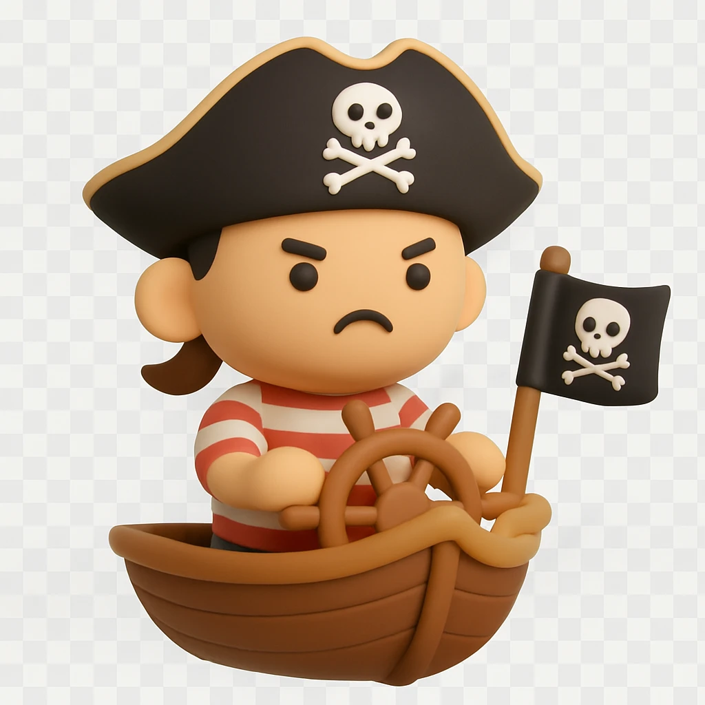 An adorable little pirate with a tricorn hat and striped shirt at the helm of a small pirate ship emoji