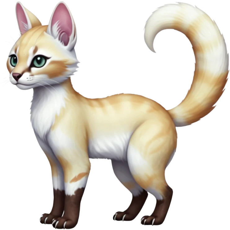 Colorful tropical pearly-albino-white iridescent glorious divine exotic cute cool beautiful shiny beautiful fantasy-caracal-civet-genet-sergal-vernid-Cacomistle-oncilla-animal-Fakémon-hybrid-fursona with tufted ears (full body) emoji