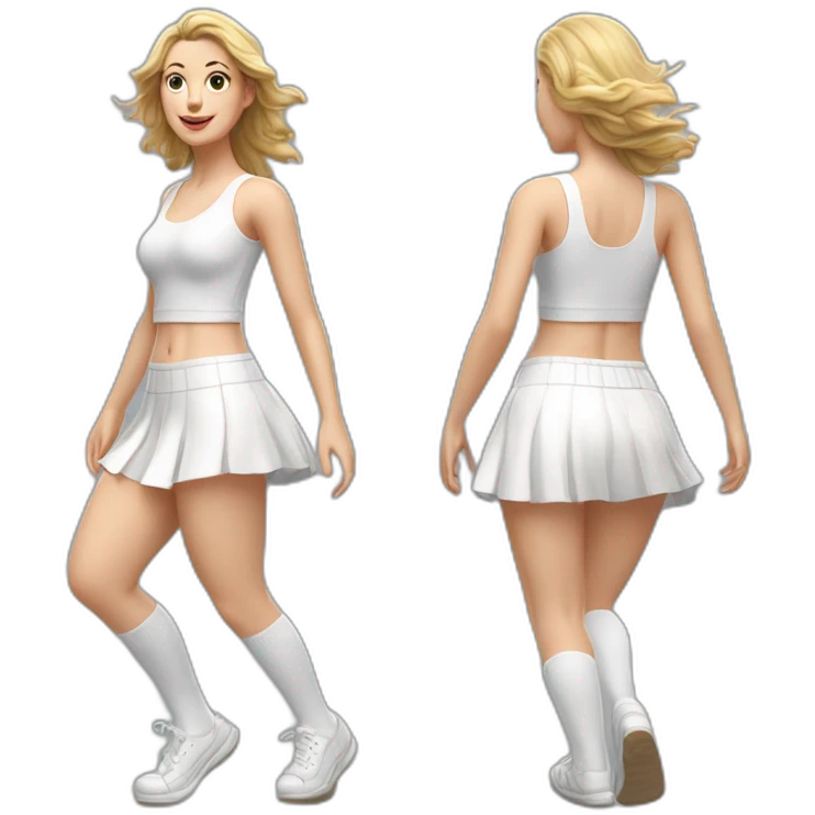 Hyperrealistic Full body Caucasian curvy beauty jumping short white skirt back and front views strong wind knickers long white socks emoji