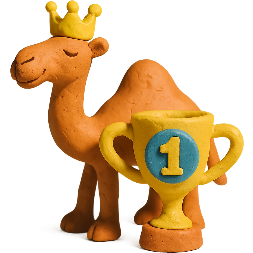dromedary with a crown on its head and a trophy with #1 on it emoji