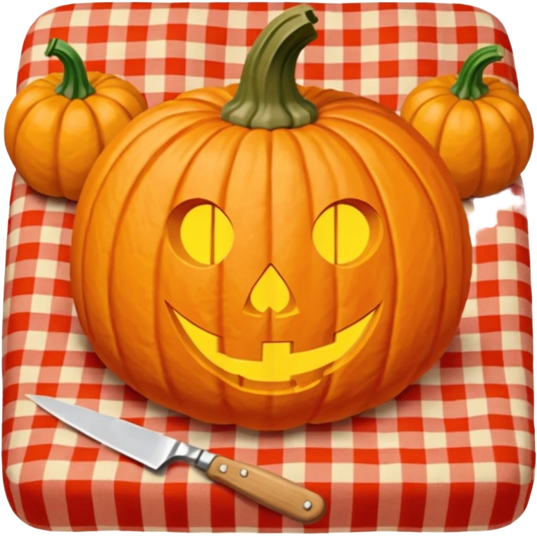 Pumpkin carving on a red gingham blanket  emoji