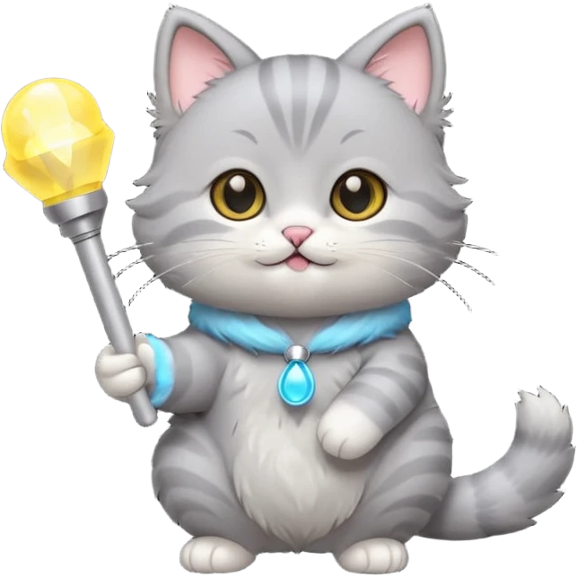 chibi cute gray cat holding a light stick happily emoji
