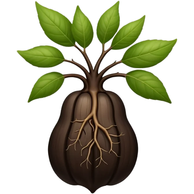 A beautifully arranged black ginseng root (heuksam), in Apple iPhone emoji style. Dark brown-black glossy color, subtle texture on the root, elegant curves, vibrant but natural tones, smooth gradients, clean simple shapes, no outlines, slight 3D depth.
 emoji