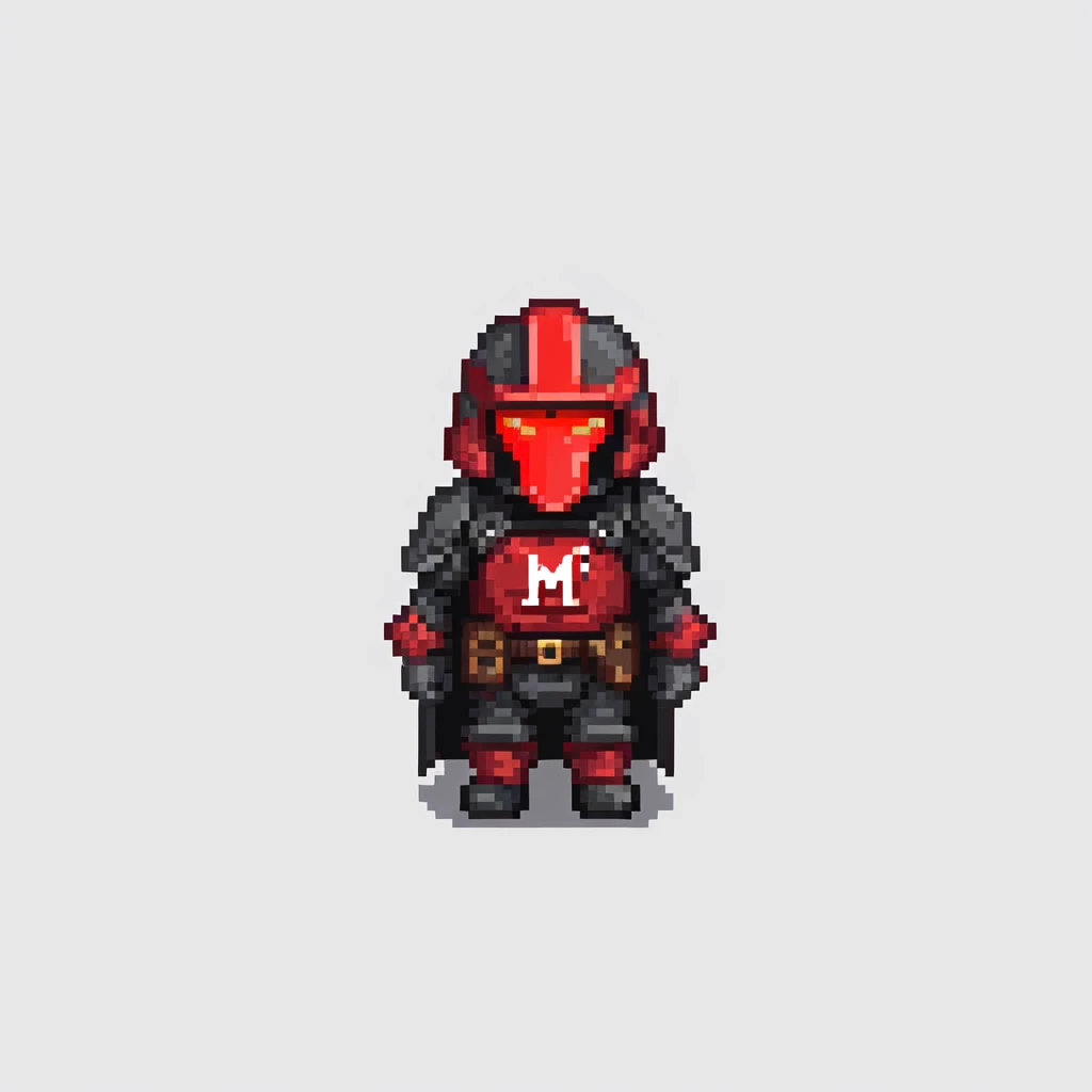 military person in black and red armor, wearing a black flag on back with red letter M in center emoji