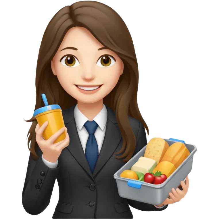 long haired woman with suit holding food container emoji