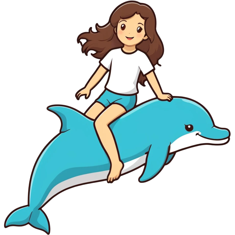 Italian girl with long brown hair riding a dolphin  emoji