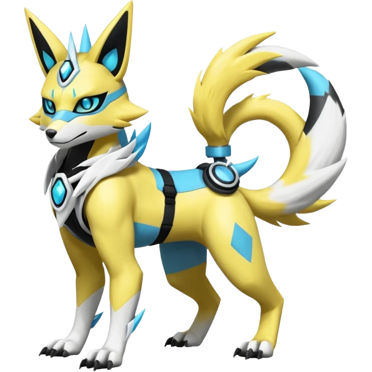 Shiny cyan yellow white electric complex futuristic white-cyber-masked Zeraora-Renamon-Electrike-Umbreon-Lombax-Weregarurumon-fusion-creature (full body emoji