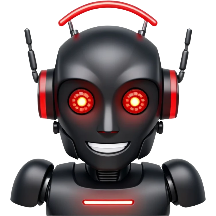 modern face of a black robot with white led eyes, red leds on robot, brave pose, smiling emoji