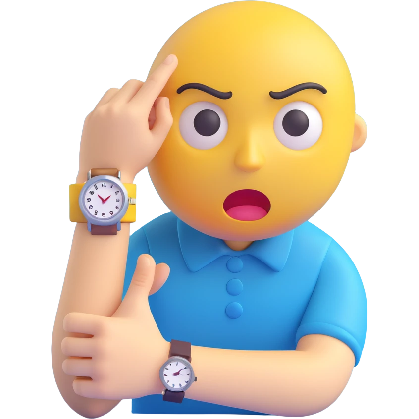A yellow emoji face with a worried expression, looking at a wristwatch with raised eyebrows, showing urgency and stress emoji