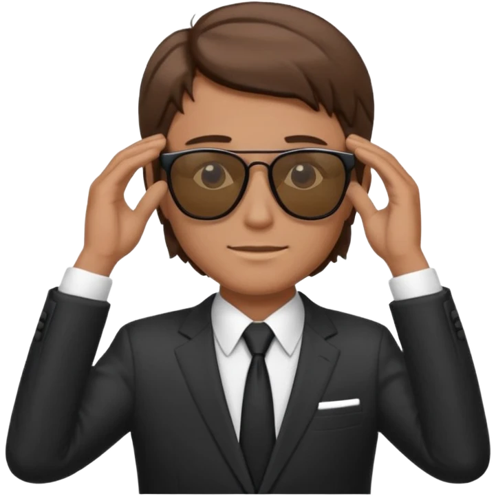 white man with brown hairs in formal suit wearing sunglasses resting with hands behind head emoji