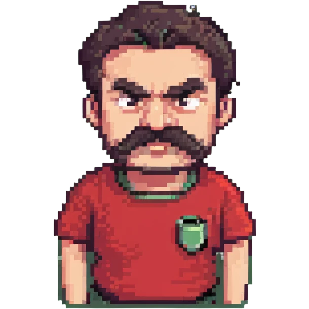 Recep İvedik, burly man with thick mustache, bushy eyebrows, red t-shirt, grumpy comedic expression, pixel art style emoji