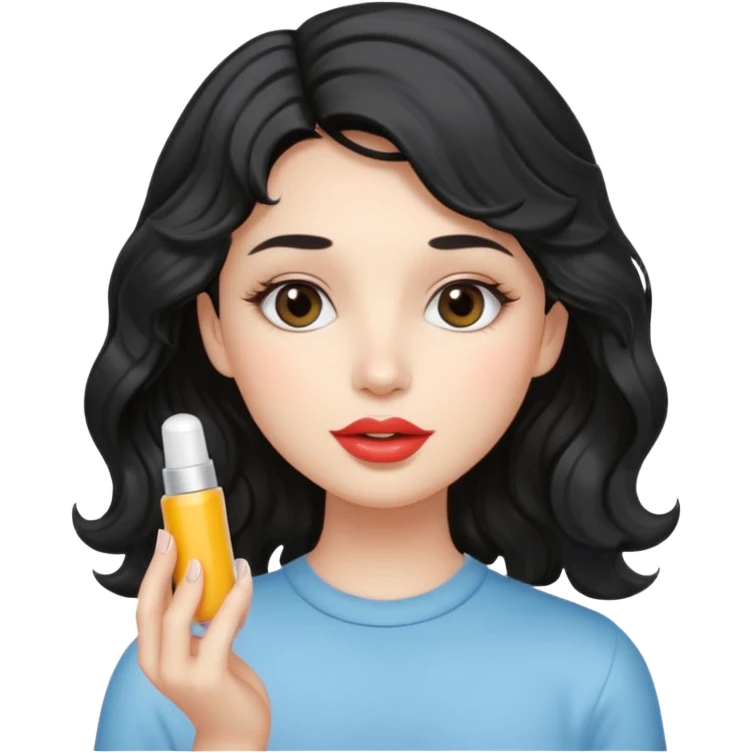 “Girl with light-black wavy hair, soft and flowing. She holds a lip balm just near her lips, about to apply it. The lip balm gives her lips a subtle glossy shine, making them look smooth, hydrated, and naturally pretty emoji