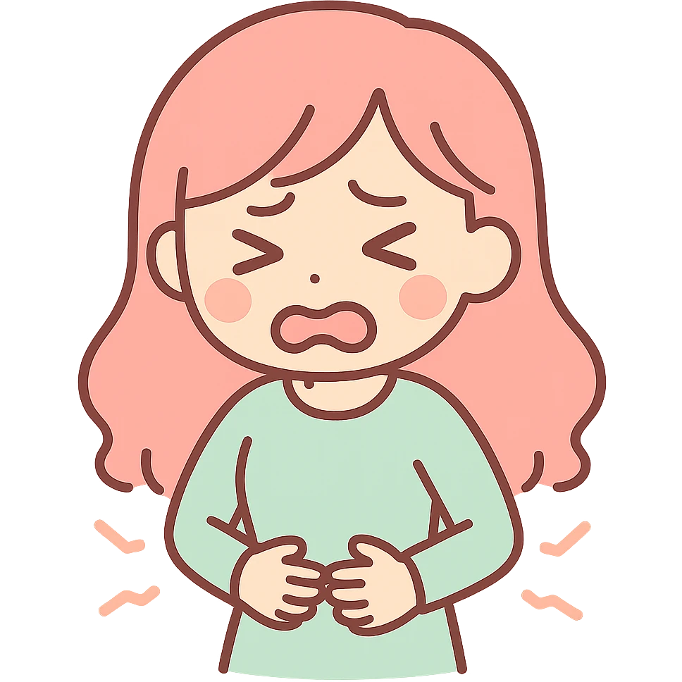 hungry woman holding her belly, face looks very uncomfortable, anime style, dramatic lighting emoji