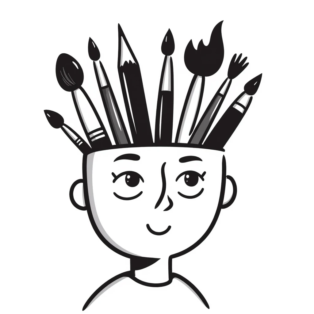 Art tools and brushes forming the shape of a human face, representing artistic identity emoji
