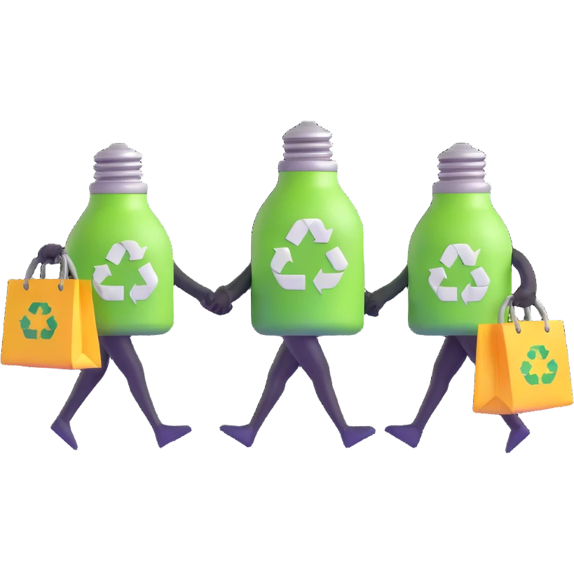 a lightbulb and a battery holding hands, carrying recycling bags, walking toward a recycling bin emoji