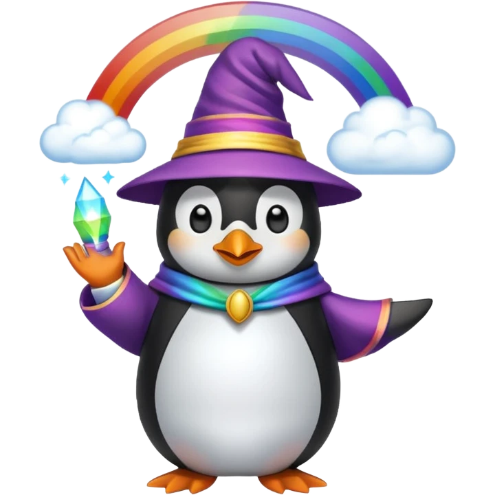 Penguin wizard in a cloud asking "What is rainbow connection?" emoji