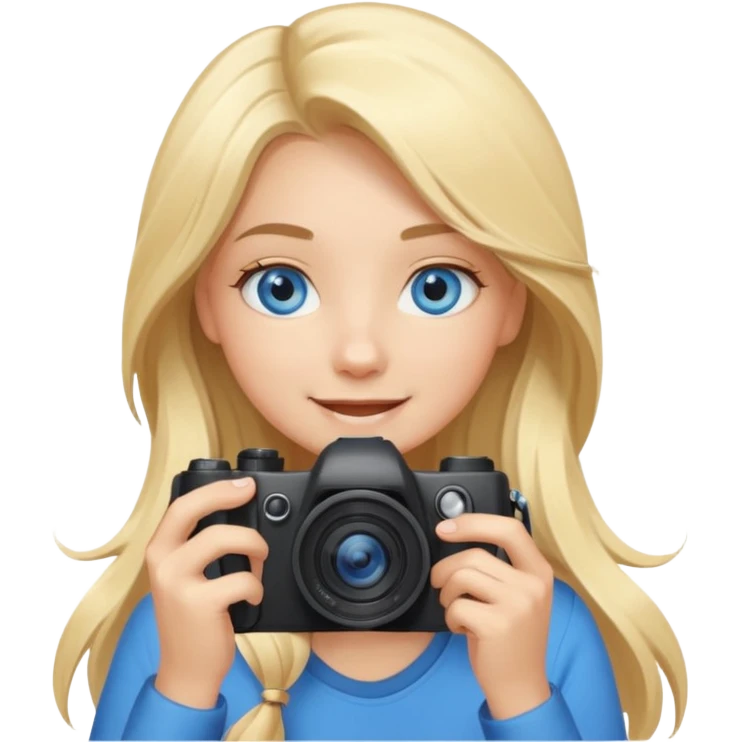  blue eyes blonde girl photographer cartoon taking picture in middle of taking picture camera in front of face long hair smiling funny flash professional, camera in front of face emoji