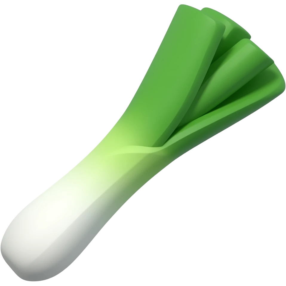 A 3D isometric emoji of a single Korean green onion (daepa). It has a thick white stalk at the bottom and two vibrant green leaves at the top. Glossy and smooth texture, soft lighting, Apple emoji style, high resolution, isolated on a plain white background. emoji