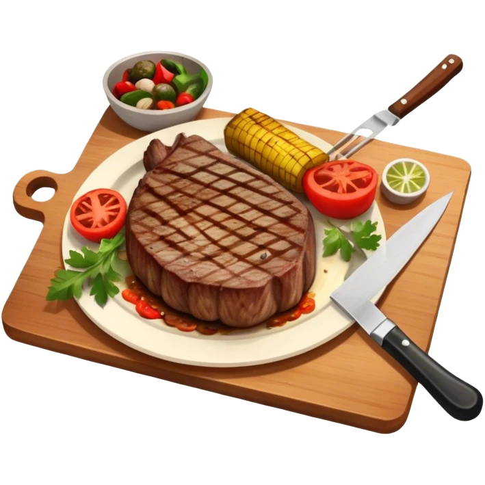 icon featuring a chef’s hat, a cutting board with fresh ingredients, a knife, a beautifully cooked ribeye steak, shashlik skewers, and a plate of food in the making. The design captures the passion of cooking with warm, inviting colors, and realistic textures. Transparent background. emoji