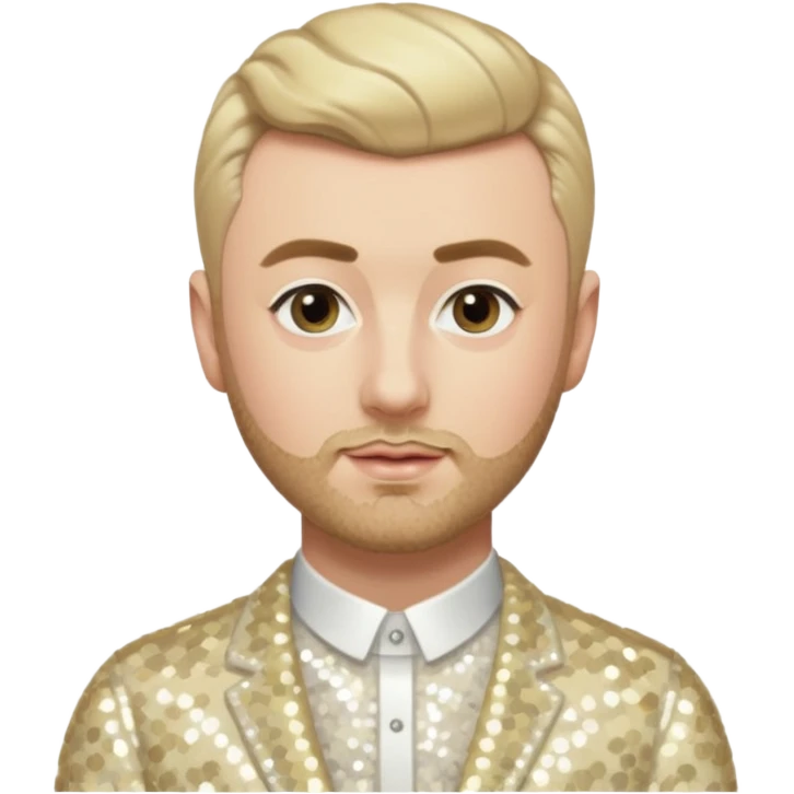 Sam Smith with blonde hair and short beard, cream sequin outfit emoji