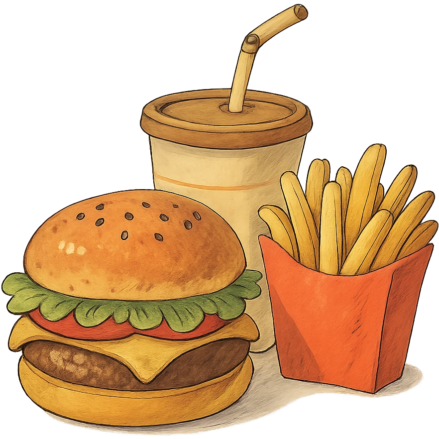 ghibli style burger meal set with fries and drink emoji