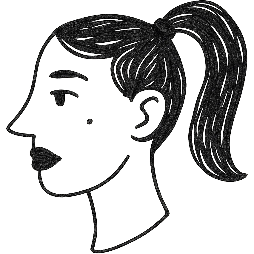black and white face in side view, black high ponytail, black cheeks, black lips, long nose, one freckle emoji