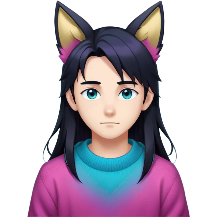 anime man with long-straight-dark-black hair, long black fox ears with pink Scapha, colorful-gradient-brown-turquoise eyes, gold earring, dark-blue-sweater, white pupils,  emoji